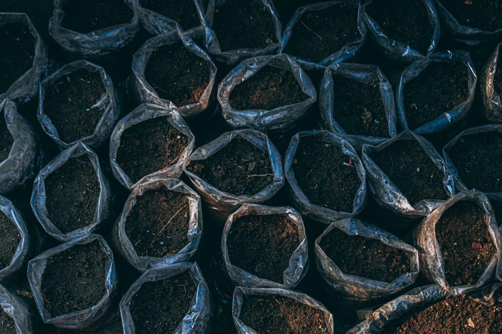 used coffee grounds being sprinkled on flower pot soil