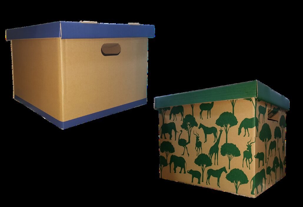 cardboard box wrapped with decorative fabric tape and label sticker as stylish home storage