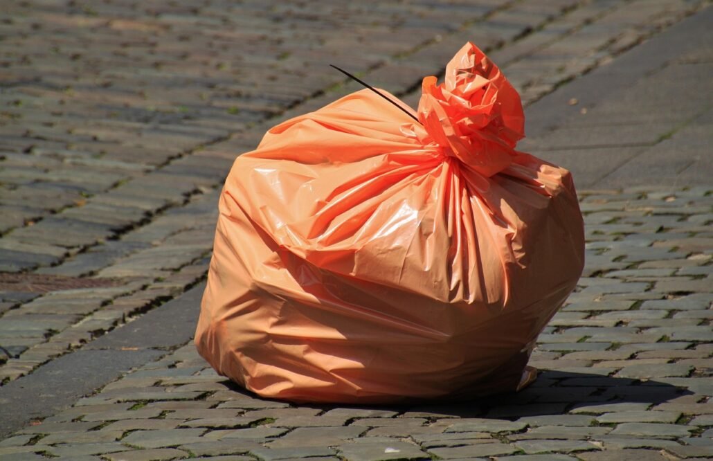 food waste disposal bag and frozen food waste container side by side on kitchen counter